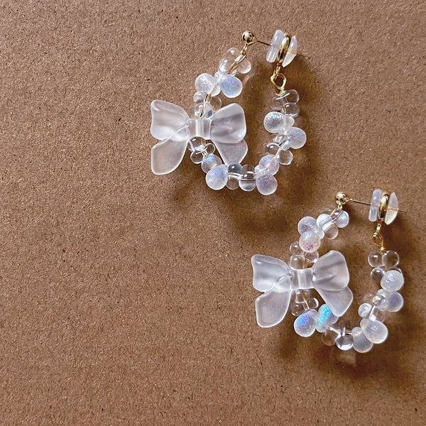Original Handcrafted Czech Glass Butterfly Bow Ear Ornaments: White Fairy Niche Design Ear Studs
