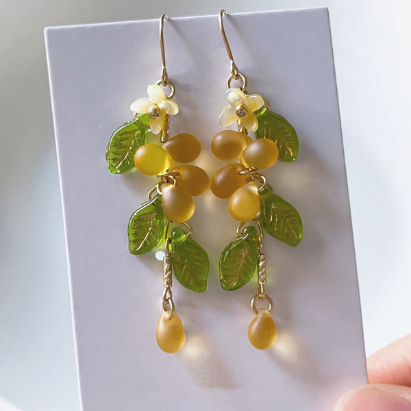 "Osmanthus Blossom" - Original Handcrafted Czech Glass Autumn Plant Earrings, Featuring a Long Butterfly and Shell Design with Unique Ear Hooks