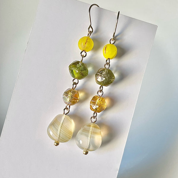 Pineapple, Green and Yellow Czech Glass Beaded Drop Earrings, Dangle Earrings, Czech Glass Jewelry, Glass Bead Jewelry, Multicolor Earrings 6cm