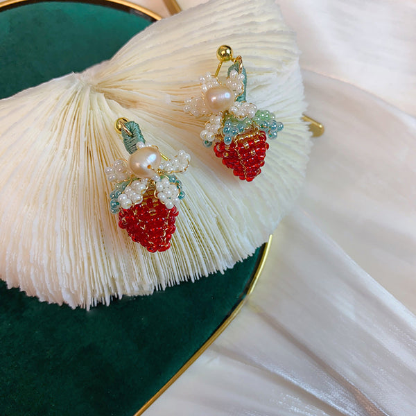 Hand-Woven Strawberry Flower Pearl Ear Studs: Girl Next Door Earrings