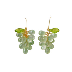 Sweet purple grape drop earrings with green leaf accent, studio product photo – CSOMALL handmade fruit jewelry