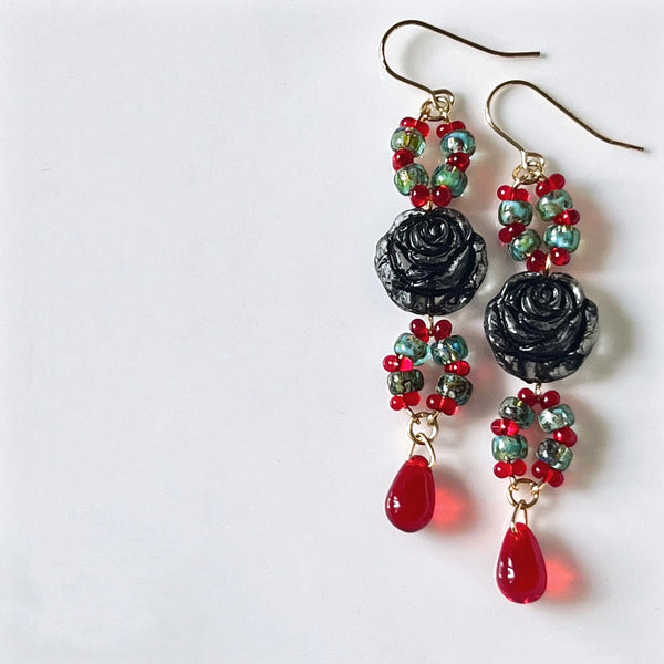 "Black Rose" - Original Handcrafted Czech Glass Bead Earrings