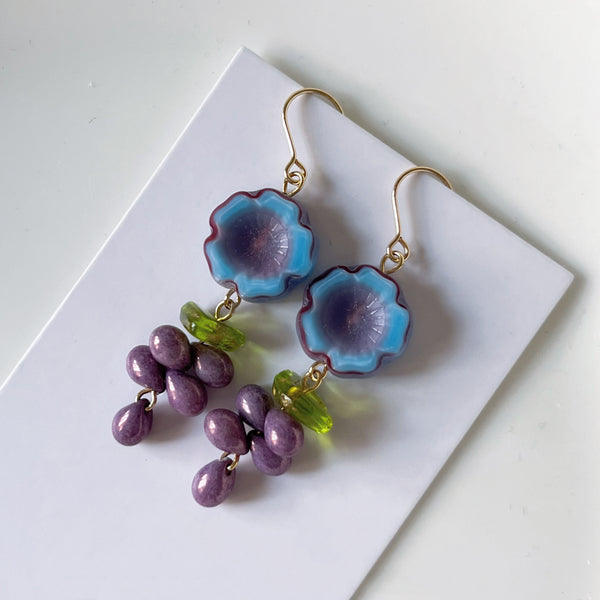 Original handmade Czech glazed blue and purple earrings with retro flowers