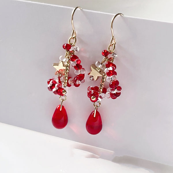Original handmade Czech glass red earrings Christmas water drop star earrings