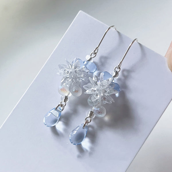 "Frozen Magic" - Original Handcrafted Czech Glass Snowflake Earrings with Blue Teardrop and 925 Sterling Silver Hooks