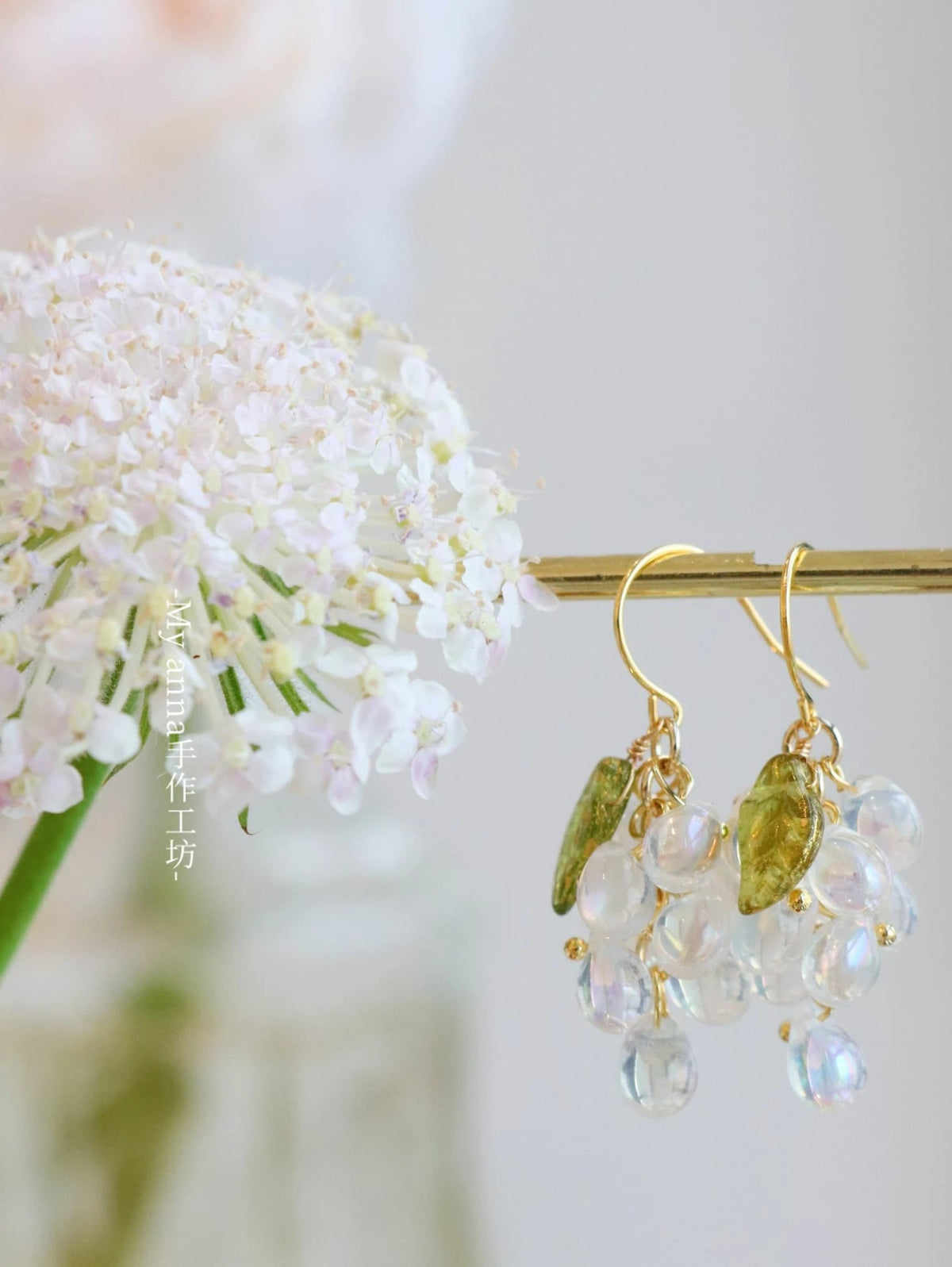 Detailed studio shot of purple glass grape earrings – CSOMALL handmade fruit jewelry