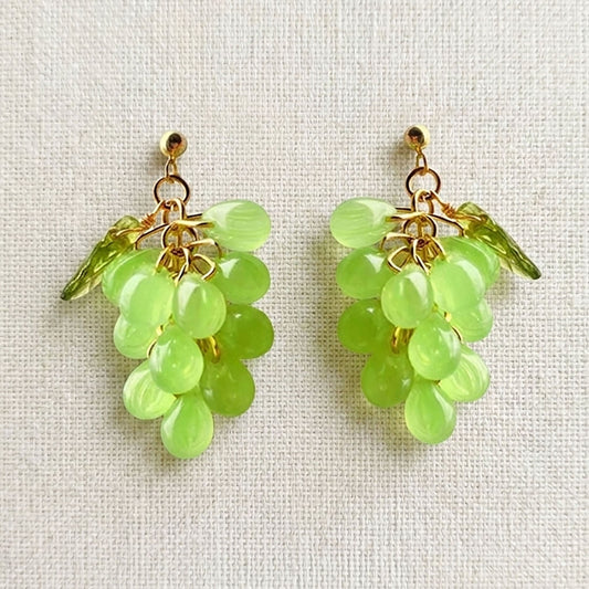 Artisan Green Glass Bead Grape Earrings - Botanical Bohemian Dangle