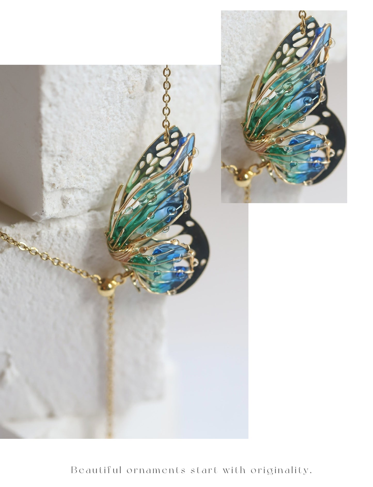 Handmade Butterfly Necklace, Epoxy Pearl Wing Necklace