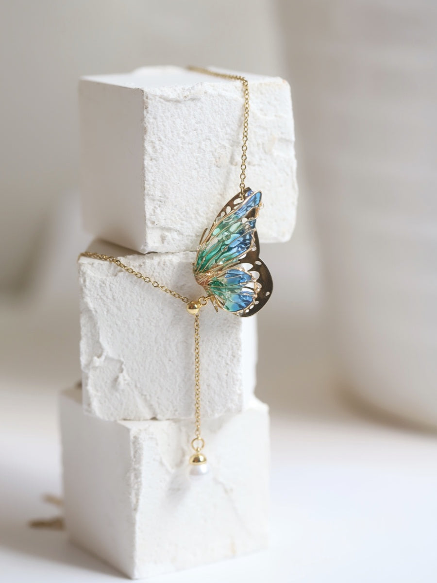 Handmade Butterfly Necklace, Epoxy Pearl Wing Necklace