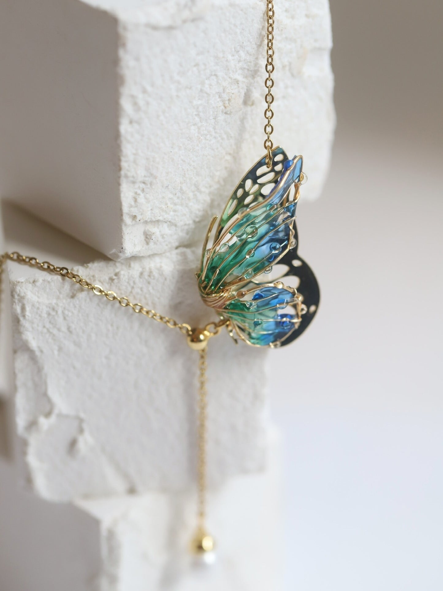 Handmade Butterfly Necklace, Epoxy Pearl Wing Necklace