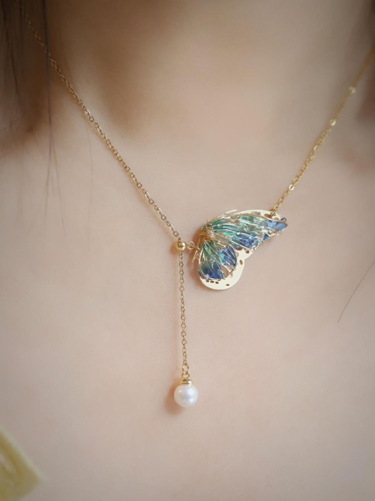 Handmade Butterfly Necklace, Epoxy Pearl Wing Necklace