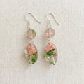 Handmade earrings featuring a faceted pink‑green resin bead and a larger clear resin drop with embedded dried flowers, displayed on light beige textured fabric.