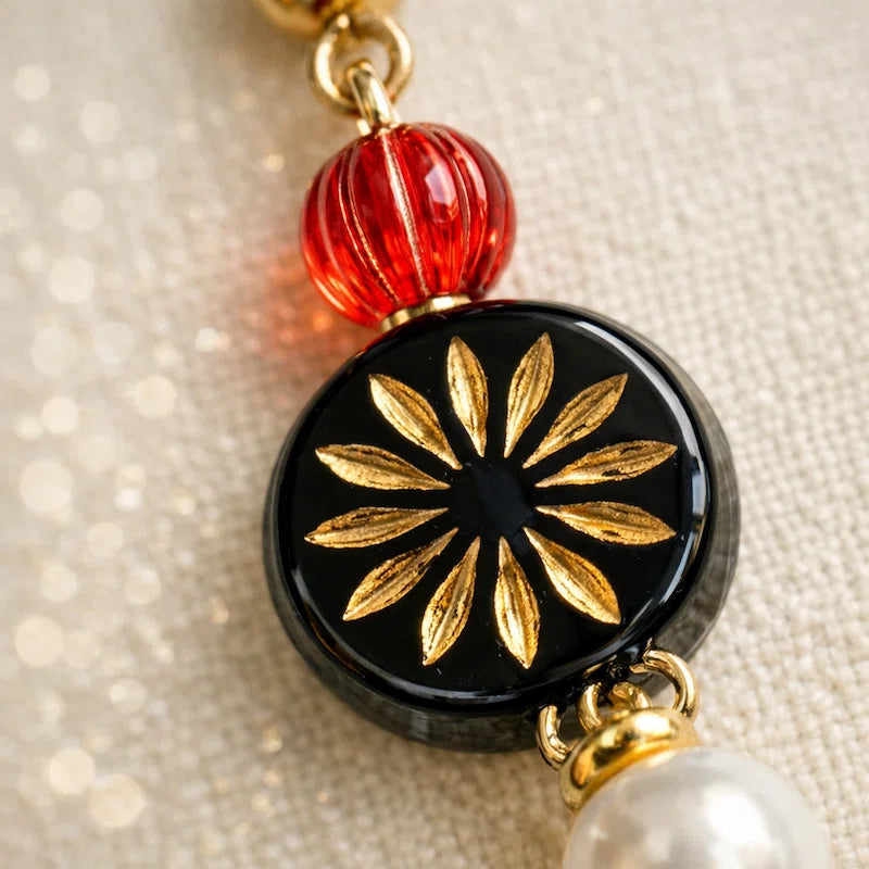 Handmade earrings with red bead, black gold floral medallion and white pearl drop, elegant jewelry for women