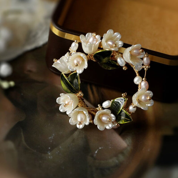 Handmade brooch, Bellflower brooch, floral pearl corsage, cardigan sweater pin