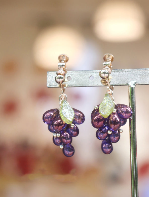 Glass Grape Earrings | Purple Fruit Earrings | Summer Earrings | Dangle Hooked Earrings | Gold Earrings | Food Earrings | Cute Fun Earrings