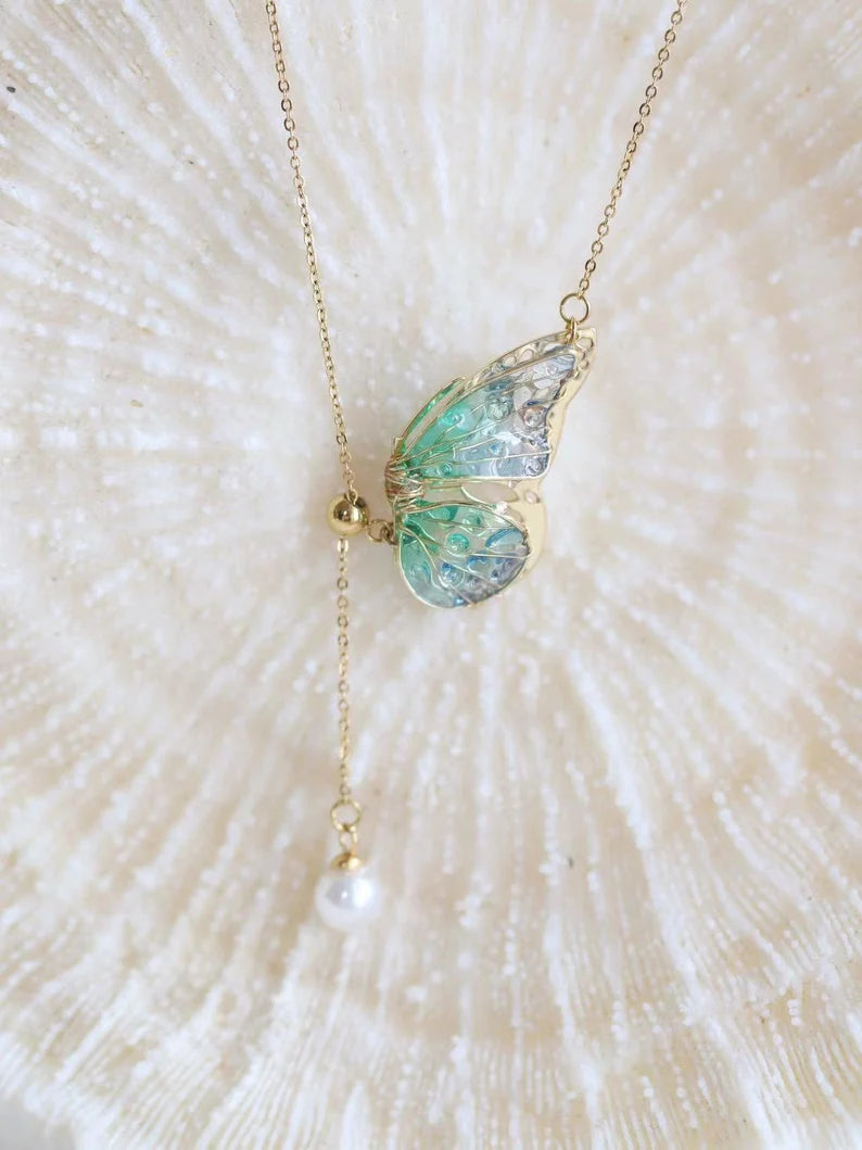 Handmade Butterfly Necklace, Epoxy Pearl Wing Necklace