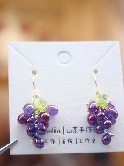 Purple Glass Grape Earrings - Handmade Fruit Jewelry Gift