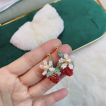 Hand-woven Strawberry Flower Pearl Earrings - Cottagecore Studs