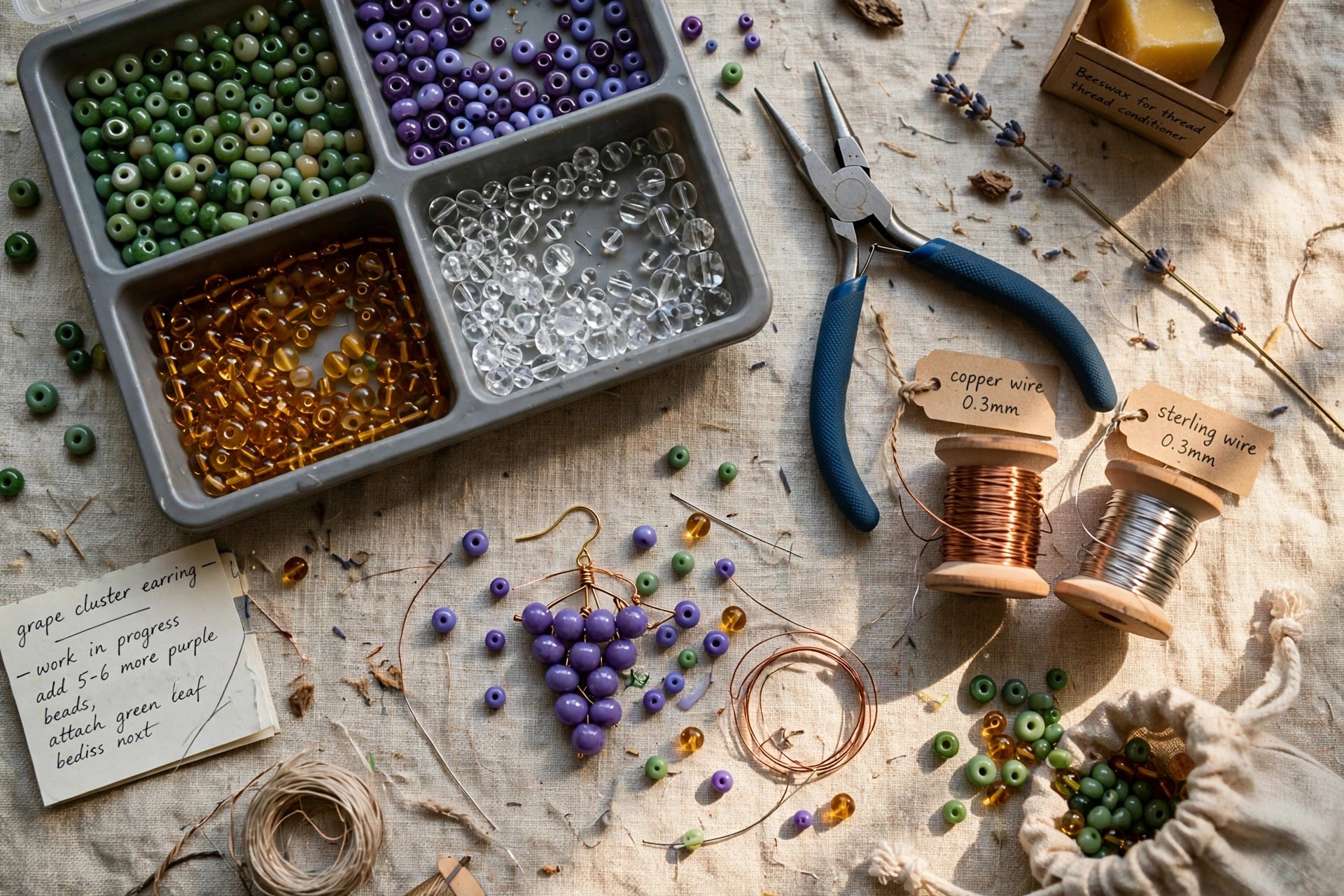 Workbench flat-lay with Czech glass beads and tools