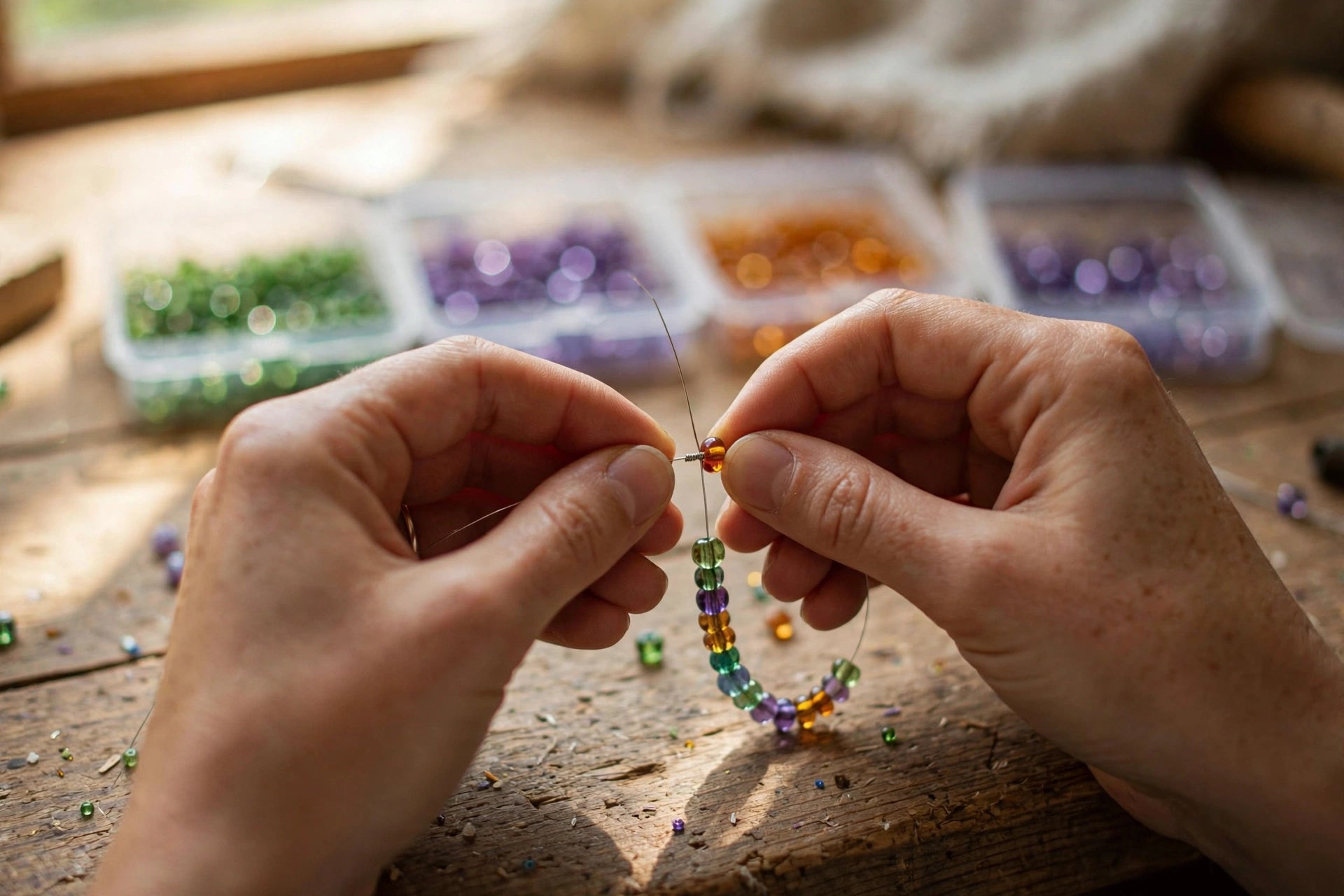 Artisan hands beading a CSOMALL piece
